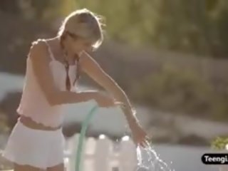 Tiny Teen Blonde Gina Plays With A Waterhose Outdoor
